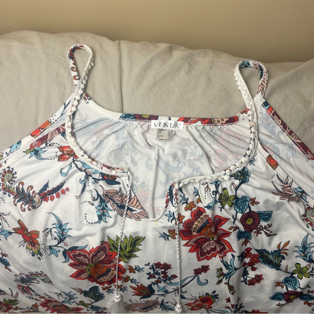 VENUS Women's Silky Camisole - White Multicolor Floral with Eyelet Trim & Tassel